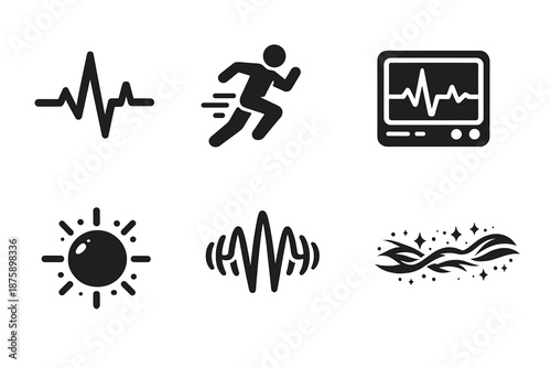 Life Motion Icons. Solid style icons of life motion: pulse line, running figure, heartbeat monitor, glowing orb, vibration wave,