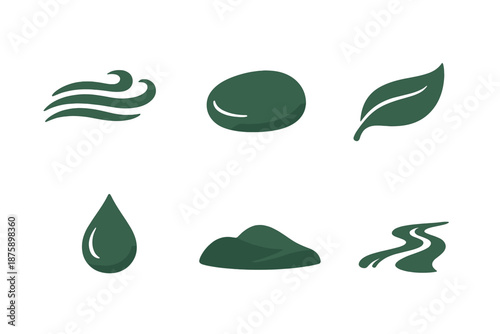 Organic Solid Icons. Solid style icons of organic minimalism: wind ripple, smooth pebble, curved leaf, droplet shape, soft hill,