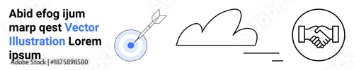 Business collaboration, goal setting, technology, cloud storage, success planning, teamwork. Target with arrow, cloud icon handshake icon. Collaboration and goal setting visual concept
