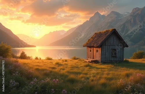 Wooden cabin sits on grassy hill beside calm lake mountains in distance during golden hour sunset. Warm light illuminates peaceful landscape with wildflowers blooming.