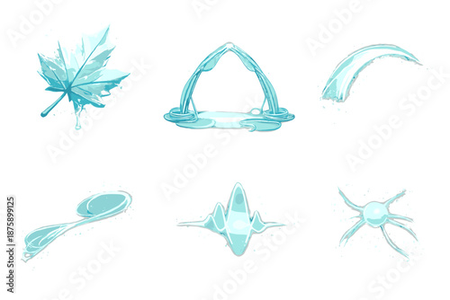 Balanced Fragility Icons. Solid style icons of Balanced Fragility: ice leaf, thread arch, glowing arc, flowing thread, soft pulse,