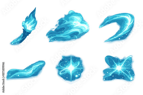 Radiant Drift Icons. Solid style icons of Radiant Drift: torch flow, fog step, glowing arc, flowing thread, soft pulse, luminous