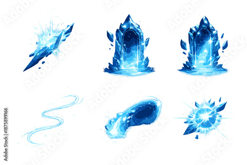 Fragmented Radiance Icons. Solid style icons of Fragmented Radiance: beam shard, whisper gate, glowing arc, soft thread, fractured