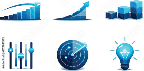 Strategic Future Icons. Strategic projection layout representing informed future decision-making, six symbolic objects arranged in