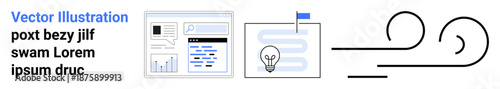 Project management, innovation ideas, online tools, digital creativity, workflow visualization, graphic trends. Image shows dashboard, light bulb and abstract swirls. Innovation ideas and project