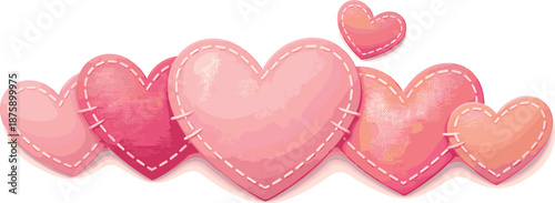 Stitched Hearts Design. Playful handmade hearts sewn together with visible seams and cozy emotion, modern flat vector illustration