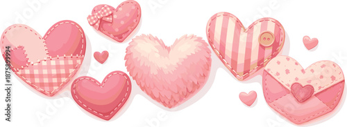 Fabric Hearts Design. Playful textile hearts made from soft cloth pieces with cozy handmade emotion, modern flat vector