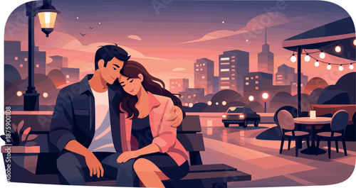 City Evening Romance. Evening city date moment captured through relaxed posture, street ambiance, and gentle closeness, modern
