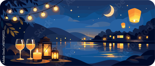 Romantic Night Lights. Romantic evening atmosphere captured through warm lights against a dark tranquil backdrop, modern flat