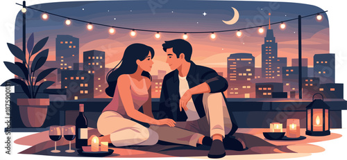 Rooftop Date Serenity. Intimate rooftop moment captured through relaxed posture, city lights, and quiet conversation, modern flat