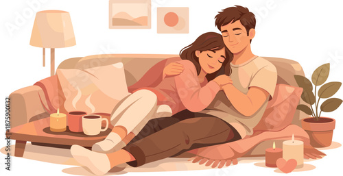 Cozy Romance Illustration. Quiet romantic moment captured with relaxed poses, warm textures, and emotional comfort, modern flat