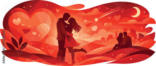 Red Vibes Illumination. Romantic high-energy scene expressed through glowing red shapes and soft light diffusion, modern flat