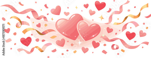 Confetti Hearts Celebration. Festive love scene captured through dynamic confetti motion and glowing heart forms, modern flat