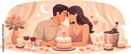 Anniversary Celebration Ambiance. Intimate milestone atmosphere captured through soft lighting, calm posture, and shared presence,