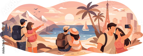 Travel Love Adventure. Adventurous love captured through two figures exploring mountains, beaches, or cityscapes with warm