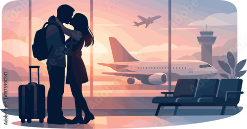 Airport Kiss Moment. Intimate travel farewell or reunion captured through warm couple silhouettes and glowing window light, modern