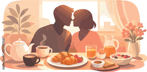 Sunlit Breakfast Silhouettes. Cozy morning moment captured through couple silhouettes, sunlit table, and gentle atmosphere, modern