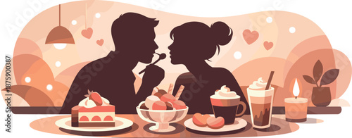 Dessert Love Silhouettes. Cozy dessert moment captured through couple silhouettes, shared treats, and soft warm ambiance, modern