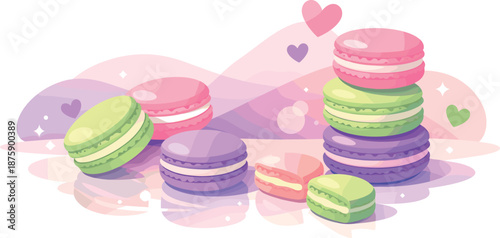 Macaron Love Glow. Playful sweet moment captured through scattered macarons, soft reflections, and gentle romantic glow, modern