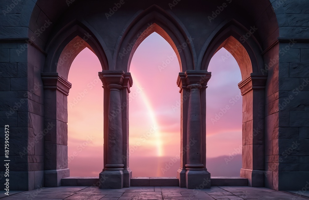 Obraz premium Gothic arched stone windows frame a vivid rainbow in a colorful evening sky. Majestic architecture overlooks a dreamy, atmospheric horizon. Sunrise or sunset light creates a magical, hopeful mood.