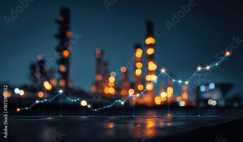 Blurred Oil Refinery Industrial Plant at Night with Bokeh Lights Background