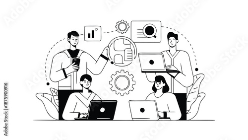 Team of professionals working collaboratively with laptops and smartphones in modern office