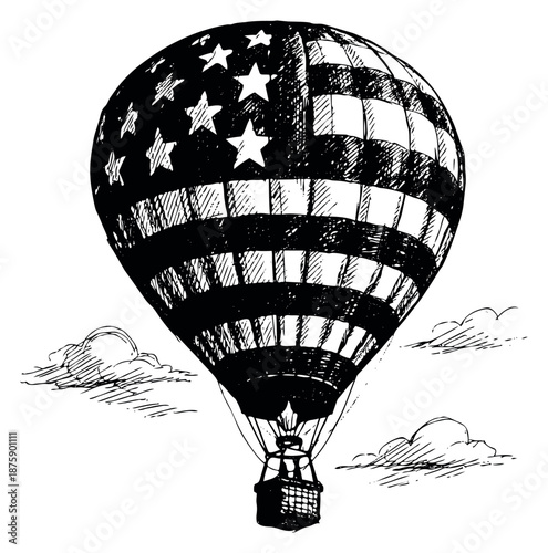 Hand drawn line art illustration of a hot air balloon depicting an American flag design flying in the sky for patriotic travel and adventure