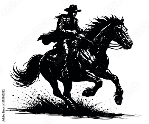 Hand drawn style illustration of a cowboy riding a horse depicting rapid galloping for western adventure