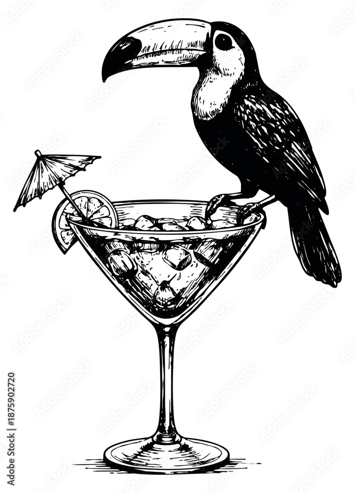 Naklejka premium Hand drawn line art illustration of a toucan depicting a tropical bird perching on a cocktail glass for a summer vacation