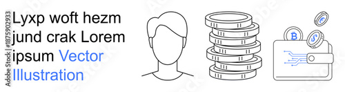 Financial technology, cryptocurrency, identity verification, blockchain, personal finance, and fintech. Human profile, coin stacks and digital wallet. Cryptocurrency and financial technology concept