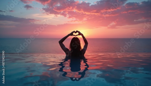 Woman forms heart shape with hands in infinity pool. Sun sets over ocean horizon casting pink orange clouds. Calm water reflects sky and person.