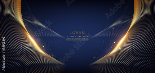 Abstract elegant dark blue background with golden curved line and lighting effect. Luxury template celebration award design.