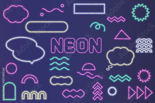 ネオン風のポップなフレームやモチーフなどのあしらいのセット