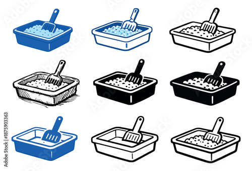 Hand drawn and graphic cat litter box set featuring various styles of litter boxes and scoops for pet care