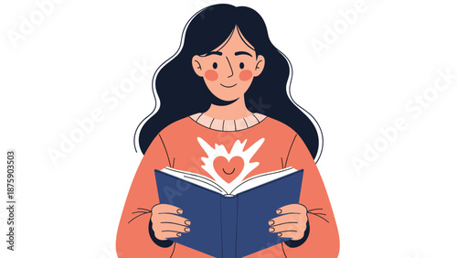 Young woman absorbed in reading a book with a warm heart symbol glowing from the pages representing a deep love for literature and learning.