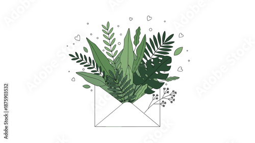 White envelope overflowing with a lush variety of green tropical leaves and delicate herbs to create a natural and botanical greeting concept.