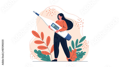 Woman holding a massive digital thermometer showing a high temperature to highlight health awareness and fever monitoring in medical contexts.