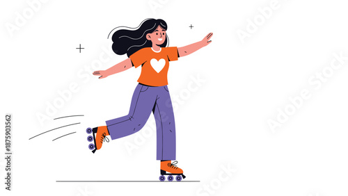 Joyful young girl with long dark hair roller skating with her arms outstretched and a heart on her t-shirt symbolizing fun and active lifestyle.