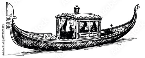 Hand drawn line art illustration of a Venetian gondola depicting a traditional design with a covered passenger cabin for travel and romantic themes
