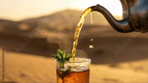 Serene Pouring of Traditional Mint Tea in Golden Desert Light