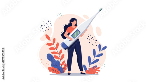 Healthcare illustration showing a young woman holding a massive digital thermometer for fever and body health tracking.