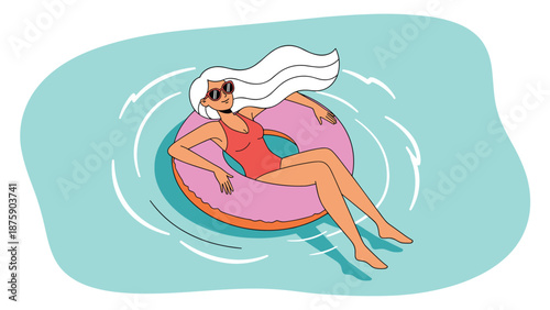 Relaxing illustration of a young woman with white hair floating on a pink donut ring in a blue swimming pool on vacation.