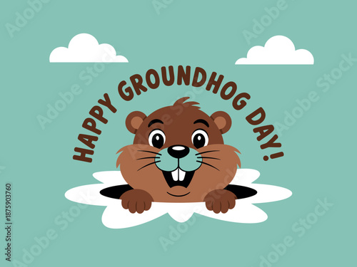 A cartoon groundhog peeking out of a hole with the words 'Happy Groundhog Day' above it.