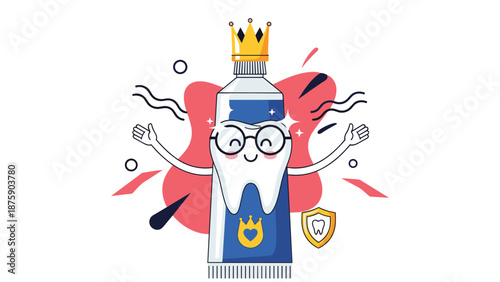 Fun dental health illustration featuring a cartoon toothpaste tube wearing a crown and a golden shield for protection.