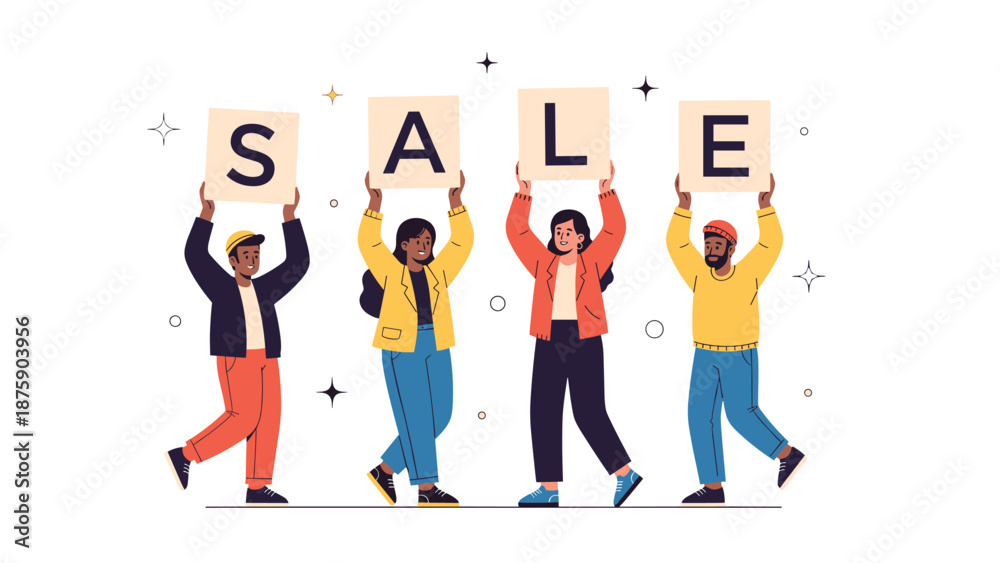 Fototapeta premium Promotional illustration of a diverse group of four people holding up individual signs that spell out the word Sale.