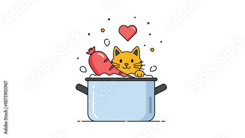 Humorous cartoon illustration of a ginger cat peeking out of a cooking pot with a sausage and a floating red heart.