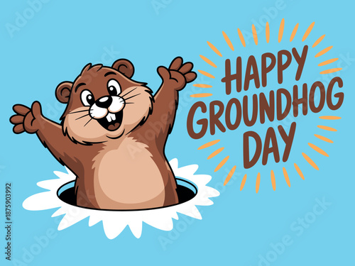 A cartoon groundhog popping out of a hole with a happy expression on Groundhog Day