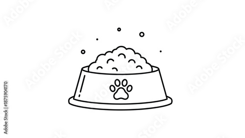 Outline illustration of a pet food bowl filled with dry kibble and a paw print icon on the front against white.