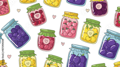 Pattern of various glass jam jars filled with colorful fruits and berries like plums, strawberries, and apricots.