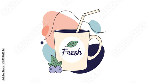 Beige mug with a straw and blueberries at the base featuring a circular label with the word Fresh and a green leaf.